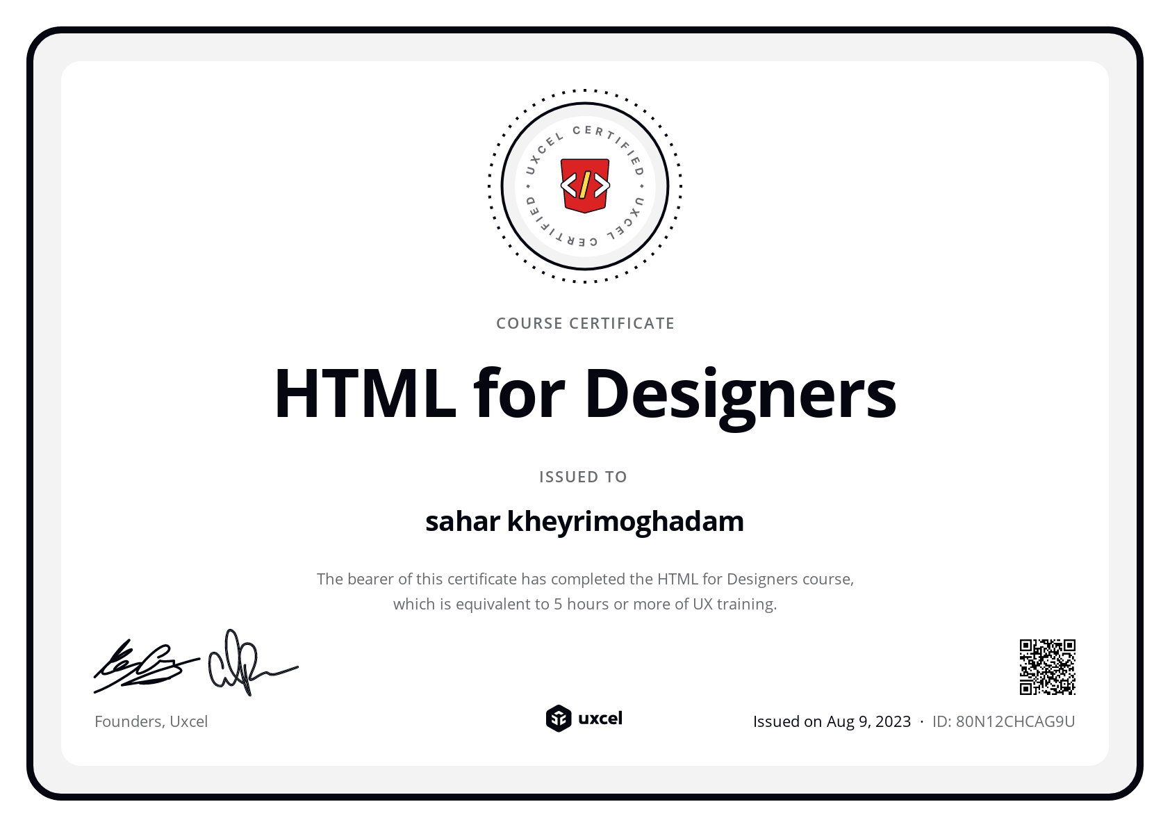 sahar kheyrimoghadam's certificate